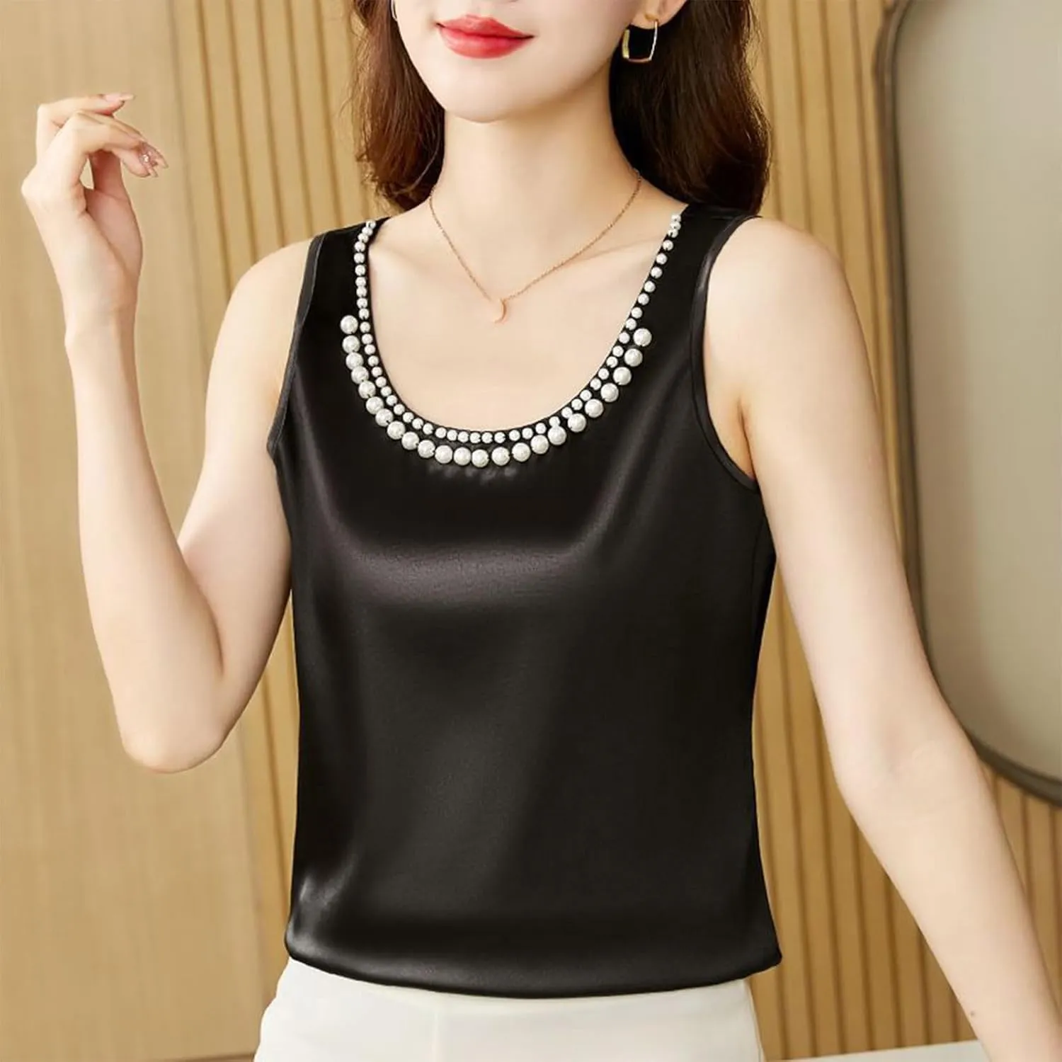 Women's Summer Satin Tank Tops with Pearl Beading Scoop Neck Sleeveless Shirts Dressy Casual Silk Blouse Camisole