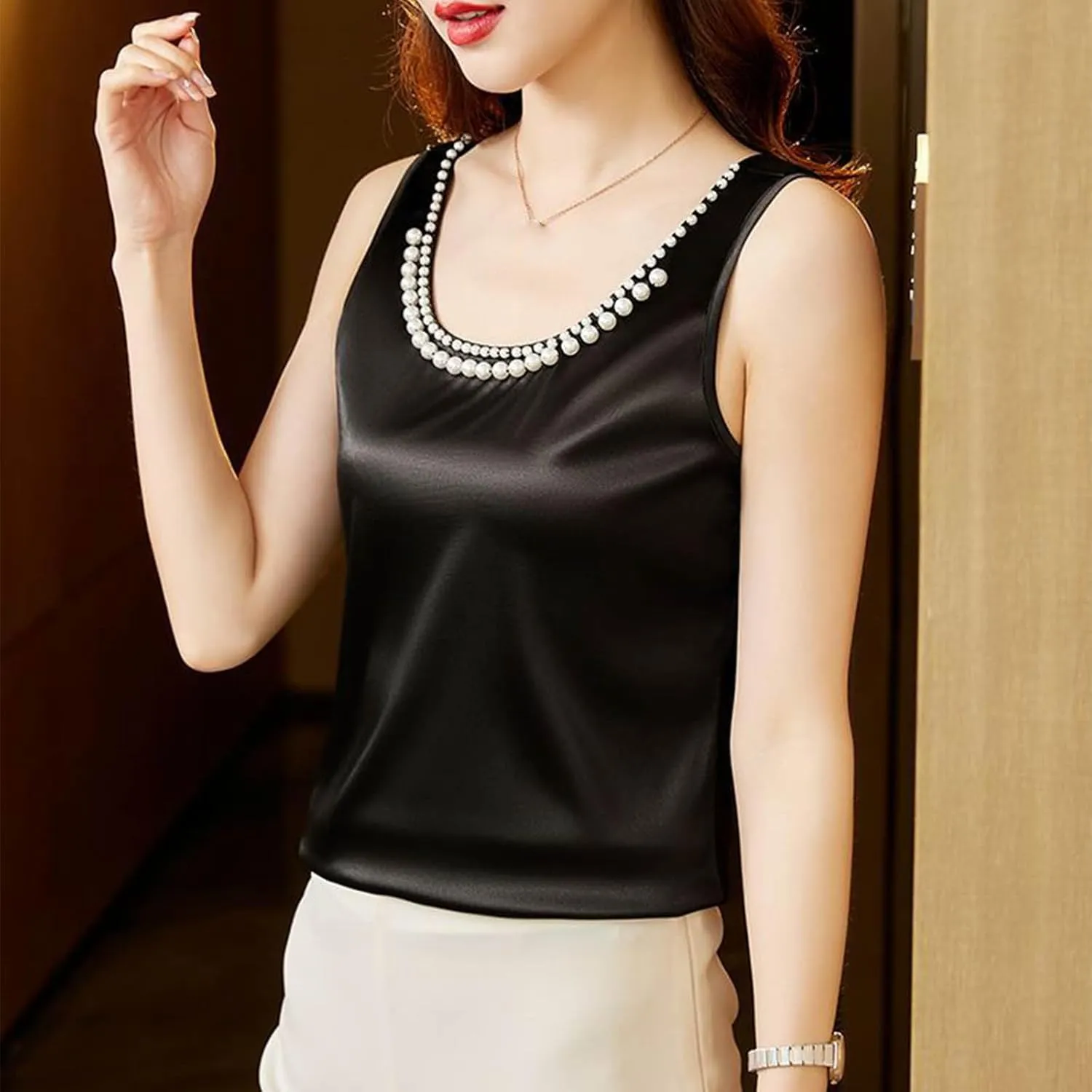 Women's Summer Satin Tank Tops with Pearl Beading Scoop Neck Sleeveless Shirts Dressy Casual Silk Blouse Camisole