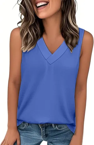 Womens Summer Tank Top Solid Color 2025 Vacation Sleeveless V Neck Loose Tee Beach Clothes Fashion Outfits