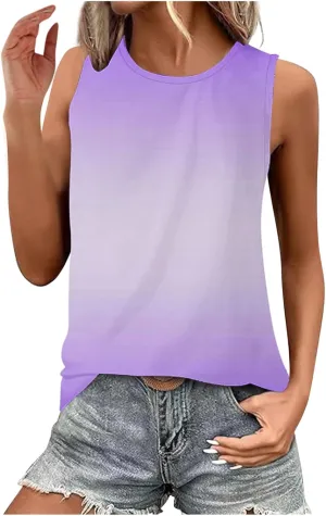 Womens Summer Tank Tops 2025 Gradient Print Basic Tunic Tops Crew Neck Sleeveless Loose Fit T Shirts