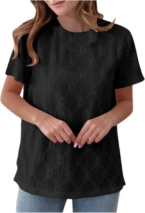 Women's Summer Tops Casual Crew Neck Short Sleeve Eyelet Embroidered Hollow Out Blouses Loose Fit Shirts