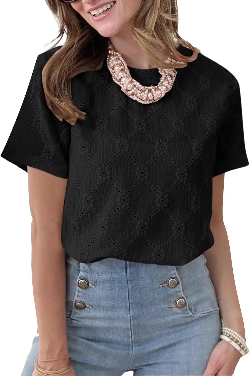 Women's Summer Tops Casual Crew Neck Short Sleeve Eyelet Embroidered Hollow Out Blouses Loose Fit Shirts