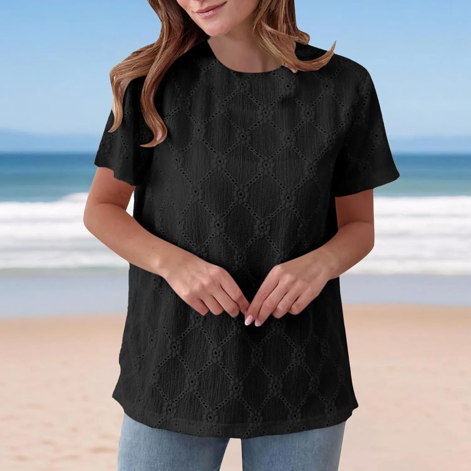 Women's Summer Tops Casual Crew Neck Short Sleeve Eyelet Embroidered Hollow Out Blouses Loose Fit Shirts
