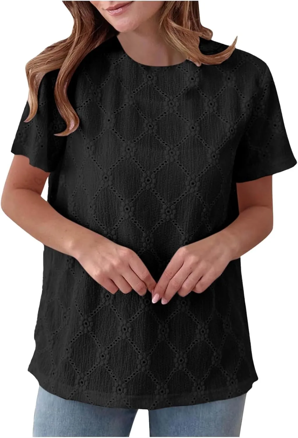 Women's Summer Tops Casual Crew Neck Short Sleeve Eyelet Embroidered Hollow Out Blouses Loose Fit Shirts