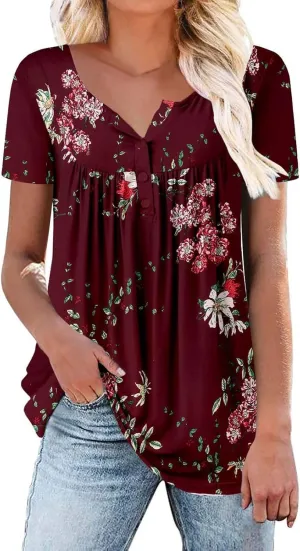 Womens Summer Tops Pleated Crewneck Short Sleeve Shirts Trendy Tunic Tops Plus Size Blouse Casual Workout Shirt