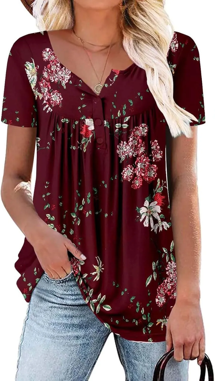 Womens Summer Tops Pleated Crewneck Short Sleeve Shirts Trendy Tunic Tops Plus Size Blouse Casual Workout Shirt