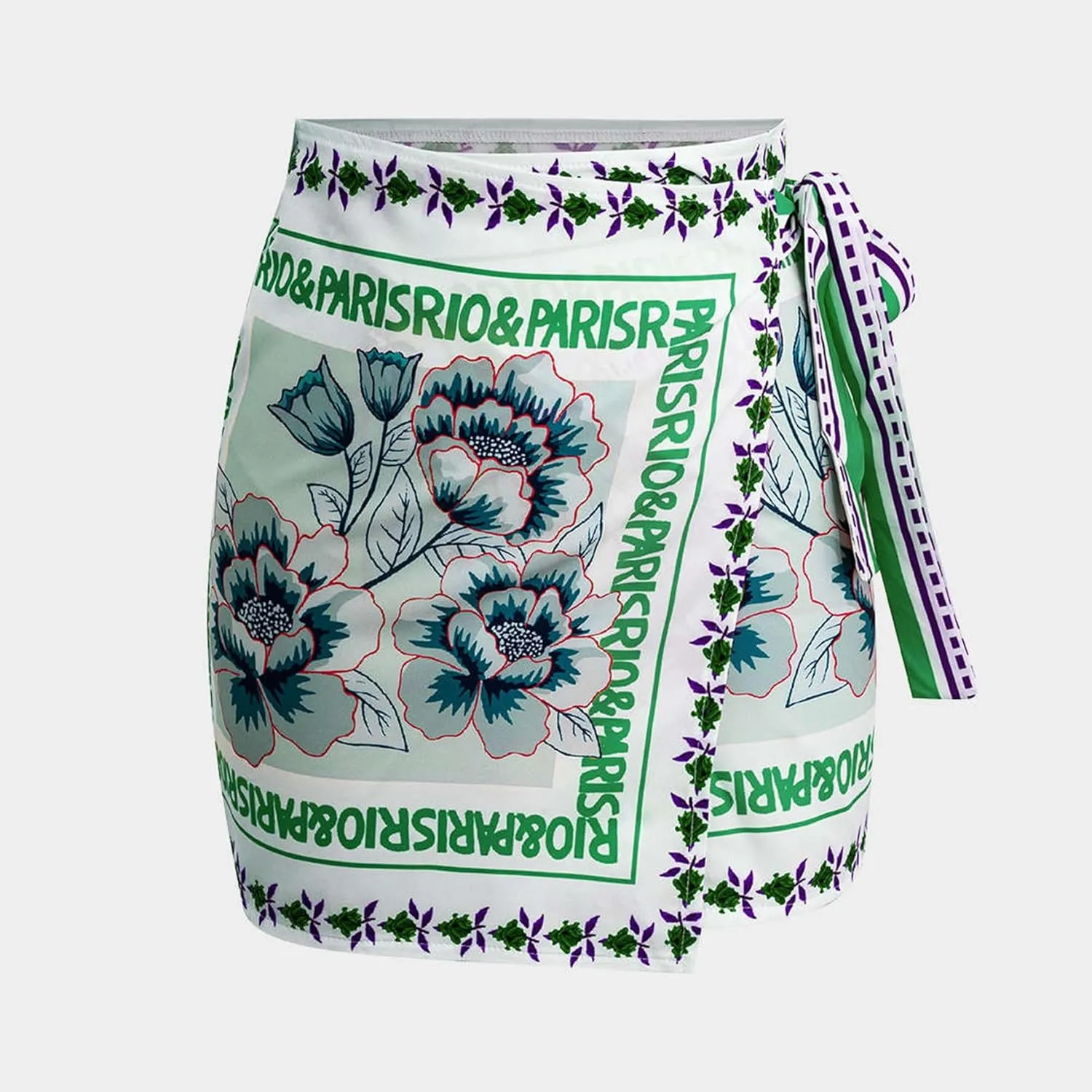 Womens Summer Wrap Mini Skirt Boho Floral Printed Knot Side High Waist A Line Casual Beach Short Skirt