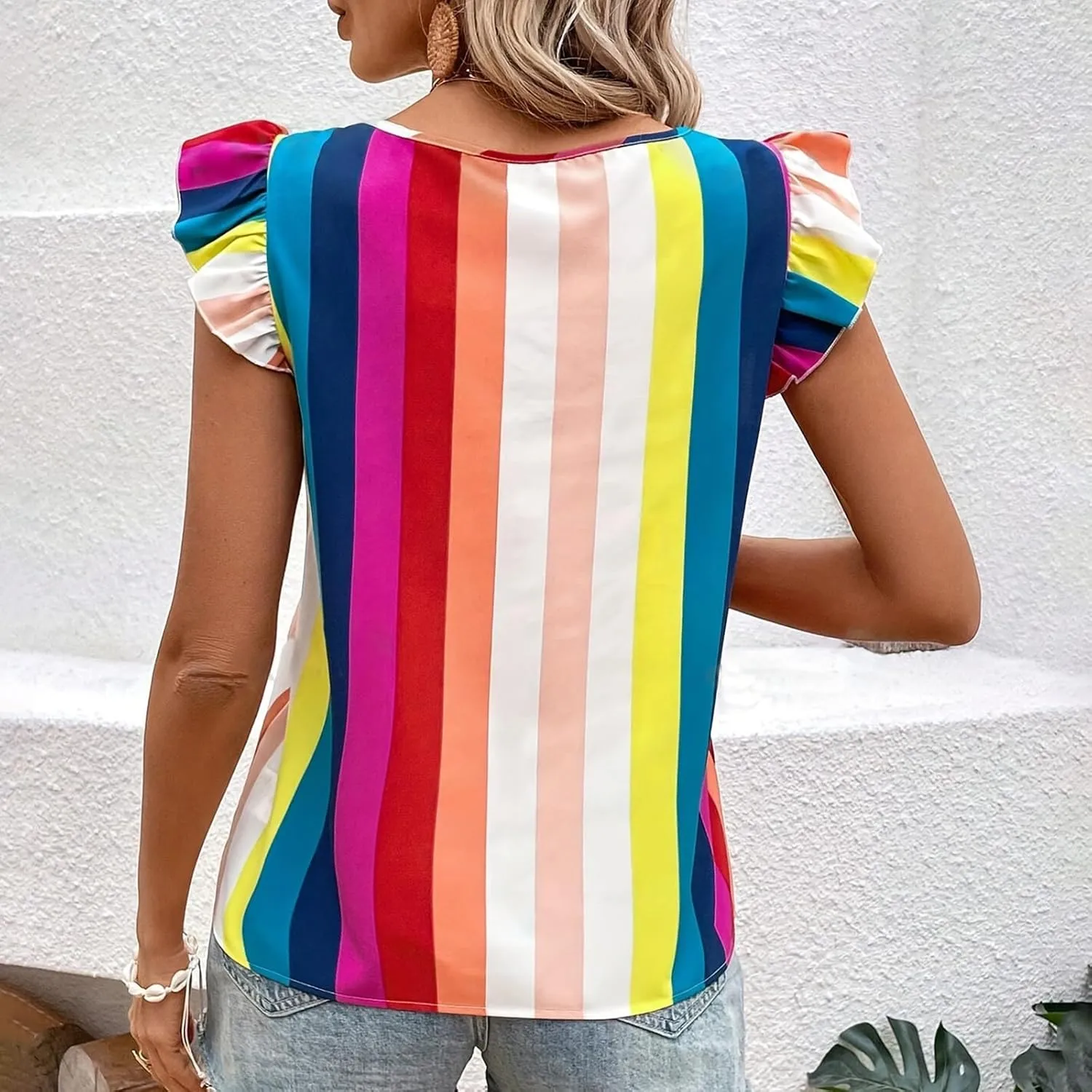Womens T Shirts Ruffle Cap Sleeve Summer Tops Cute Square Neck Color Block Rainbow Print Casual Blouses