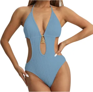 Womens Tummy Control One Piece Swimsuits 2025 Monokinis Trendy Sexy Cutout Bathing Suits Deep V-Neck Backless Swimwear