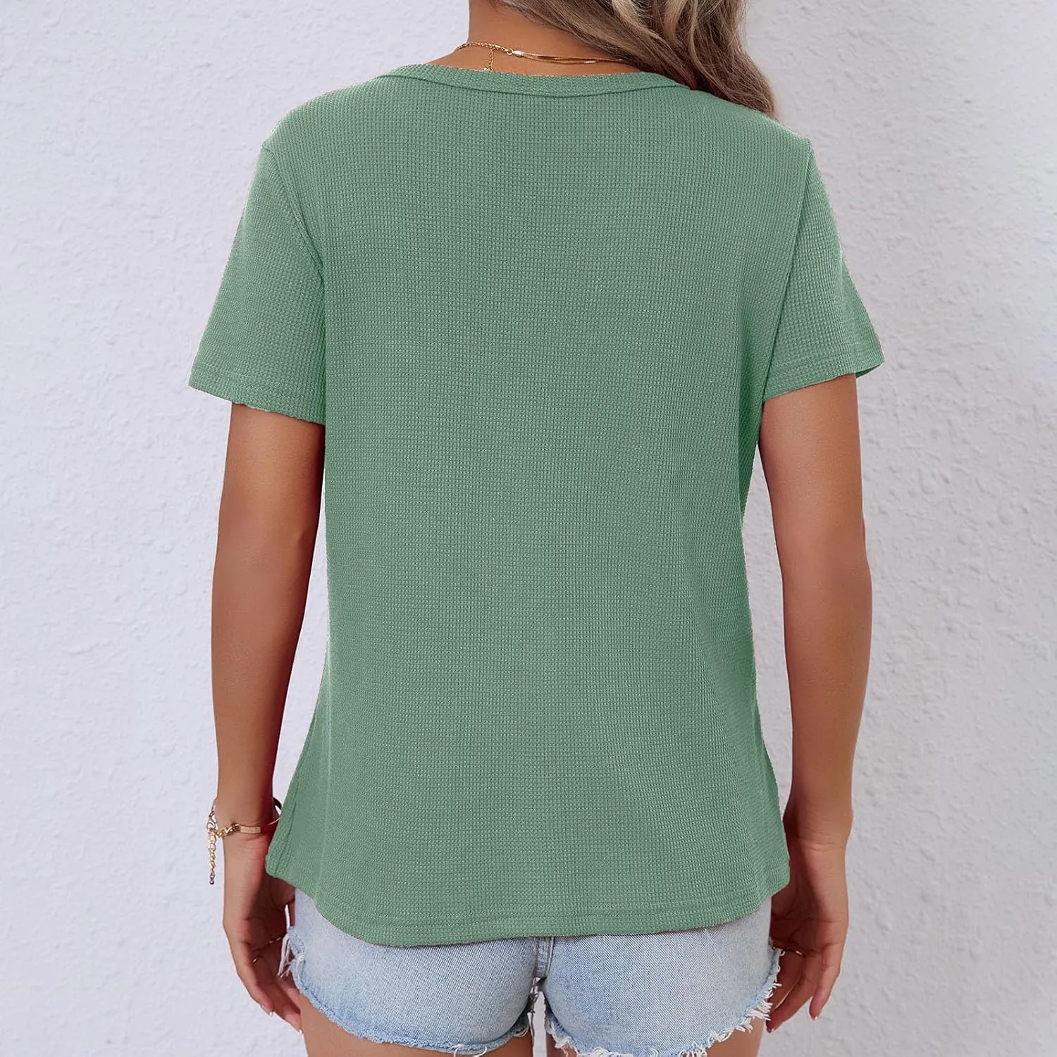 Women's Waffle Knit Tops Loose Short Sleeve V-Neck Shirts Summer Casual Blouse