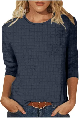 Womens Waffle Tops 3/4 Length Long Sleeve Shirts Spring Tshirt Trendy Casual Crewneck Blouse Loose Fit Basic Tee