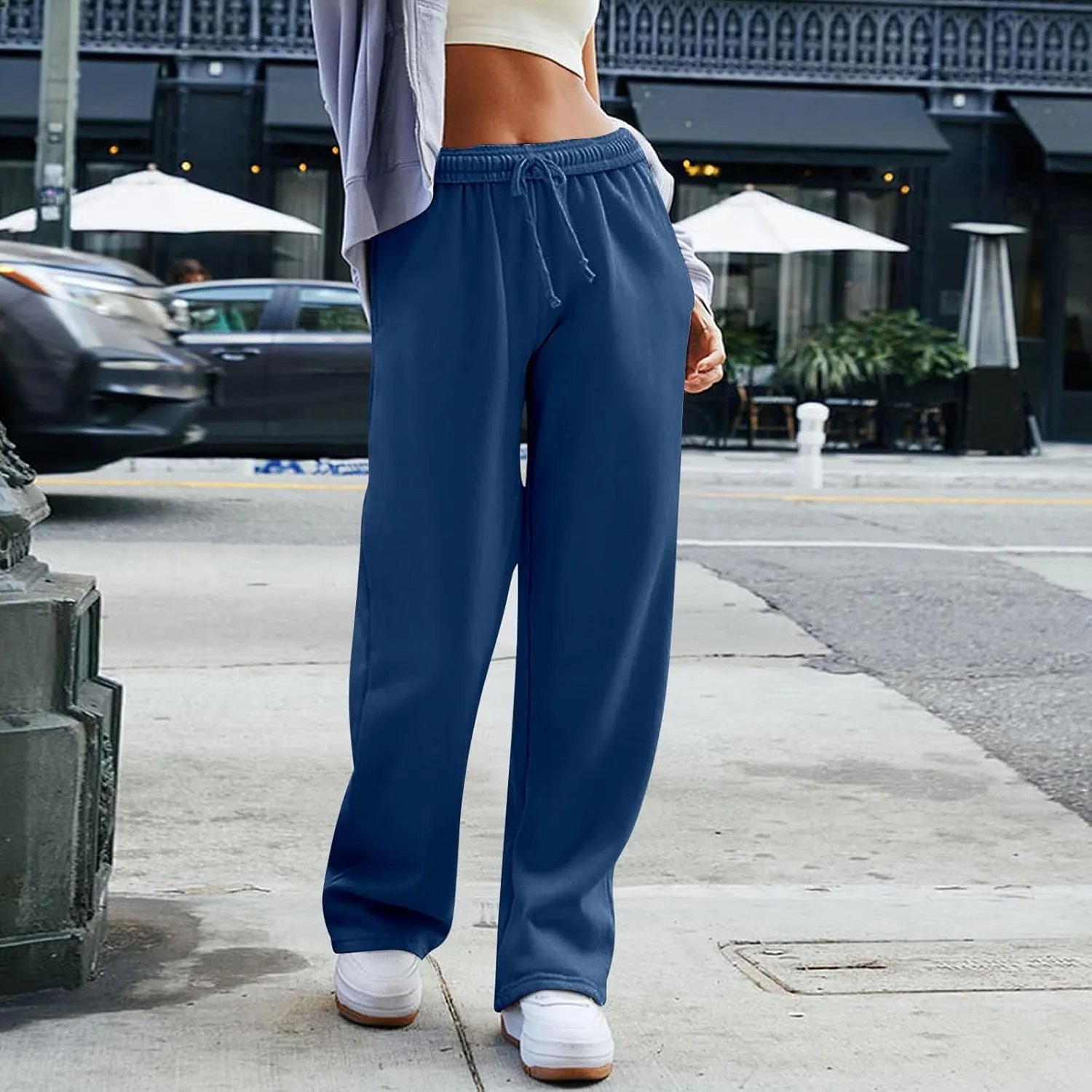 Women's Wide Leg Sweatpants Trendy Interior Drawstring Baggy Sweatpants Y2K Straight Leg Sweatpants with Pockets