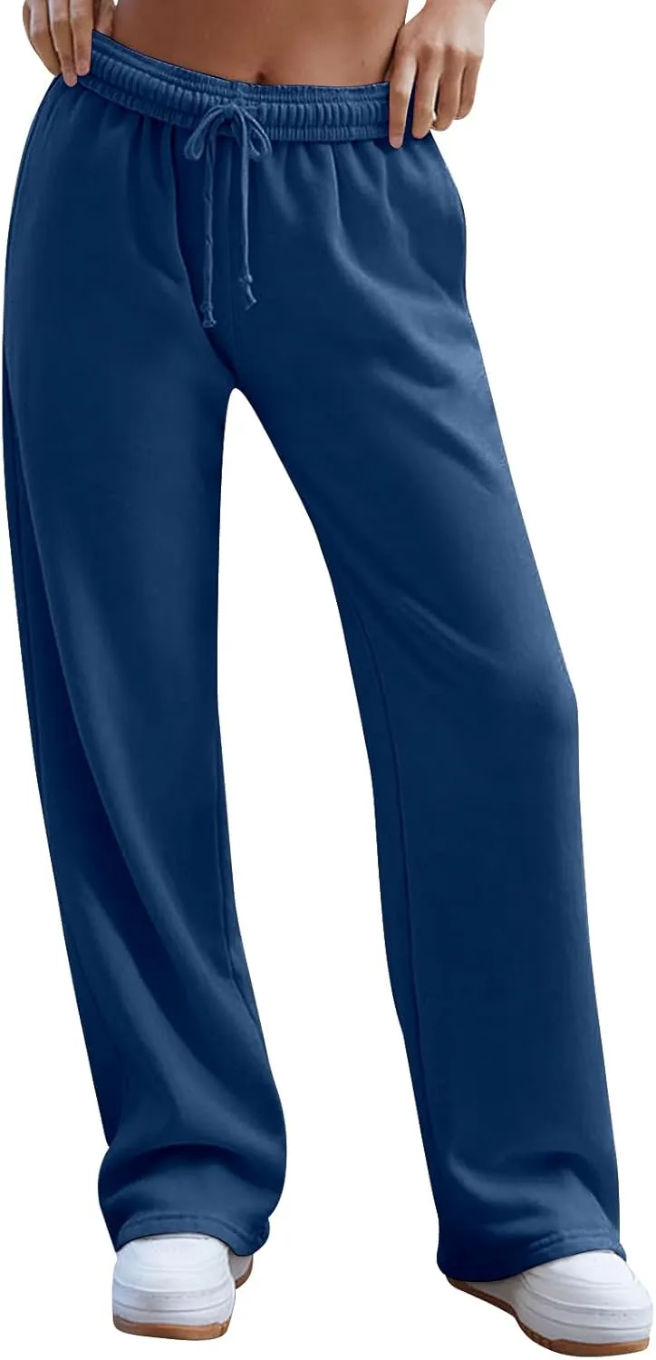 Women's Wide Leg Sweatpants Trendy Interior Drawstring Baggy Sweatpants Y2K Straight Leg Sweatpants with Pockets