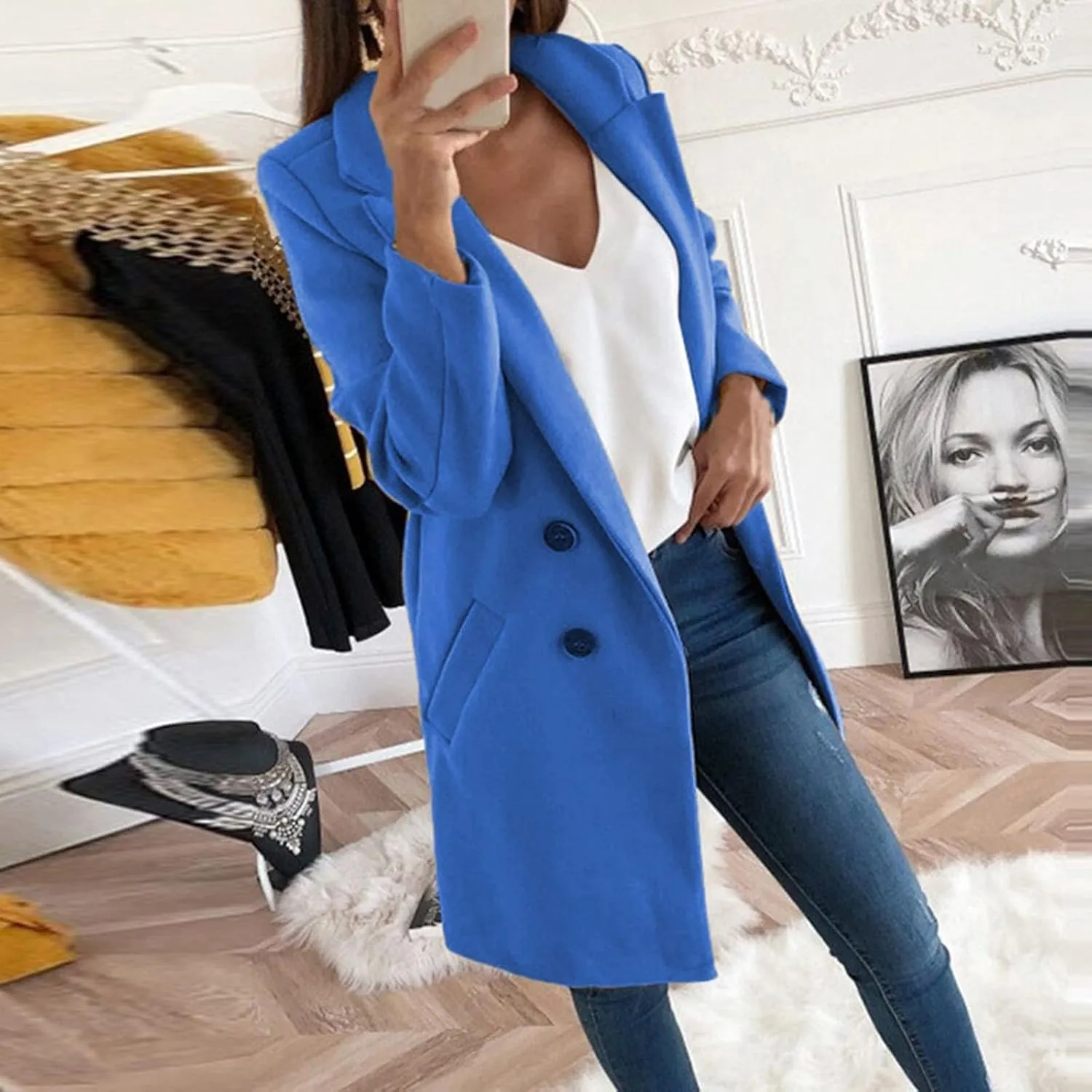 Wool Coats for Women Notch Lapel Double Breasted Mid Long Trench Coat Plus Size Pea Overcoat Winter Jacket