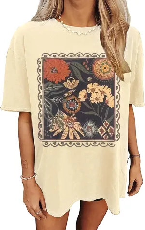 Wyeysyt Women Oversized Flower Graphic Tees Nashville Music Short Sleeve Tshirts Summer Vintage Casual Tops