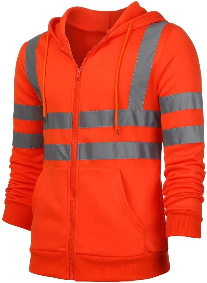 XUNRYAN High Visibility Safety Sweatshirt for Men Hoodie Jackets Class 3 Reflective Zip Up Hooded Jacket Hi-Vis Safety Coat