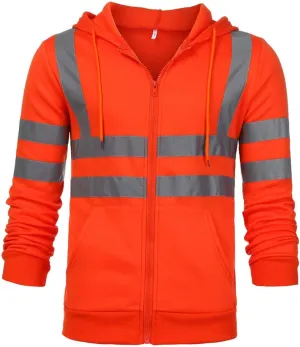 XUNRYAN High Visibility Safety Sweatshirt for Men Hoodie Jackets Class 3 Reflective Zip Up Hooded Jacket Hi-Vis Safety Coat