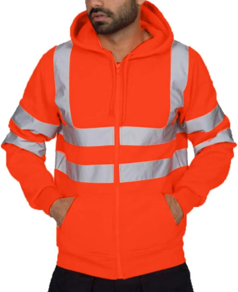 XUNRYAN High Visibility Safety Sweatshirt for Men Hoodie Jackets Class 3 Reflective Zip Up Hooded Jacket Hi-Vis Safety Coat
