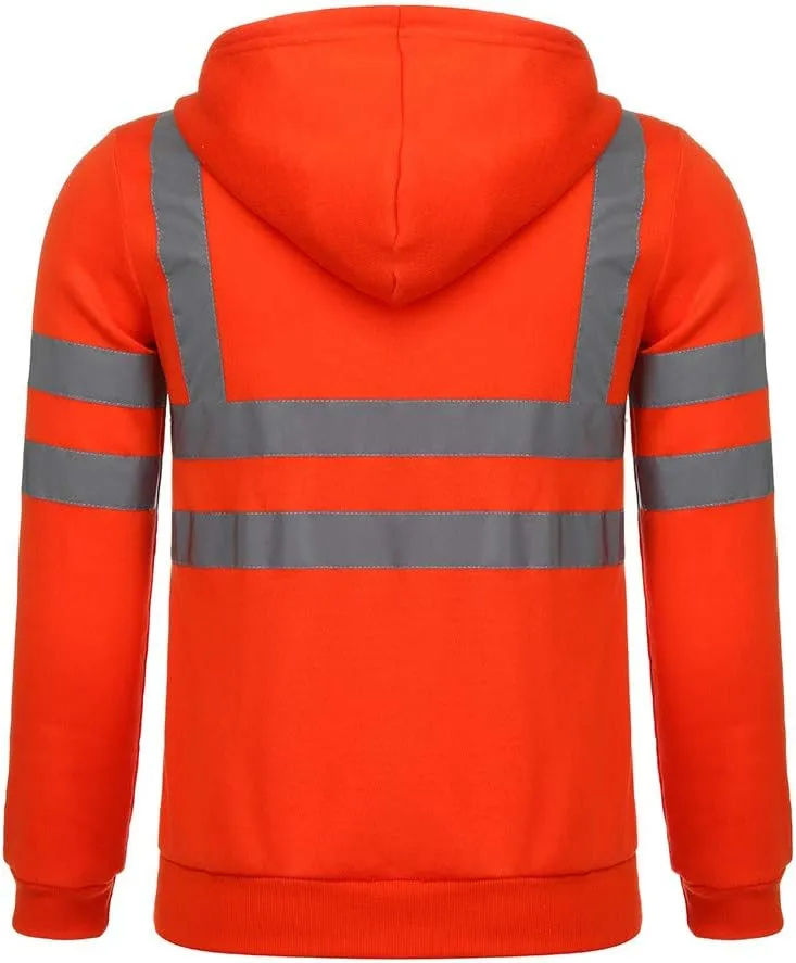 XUNRYAN High Visibility Safety Sweatshirt for Men Hoodie Jackets Class 3 Reflective Zip Up Hooded Jacket Hi-Vis Safety Coat
