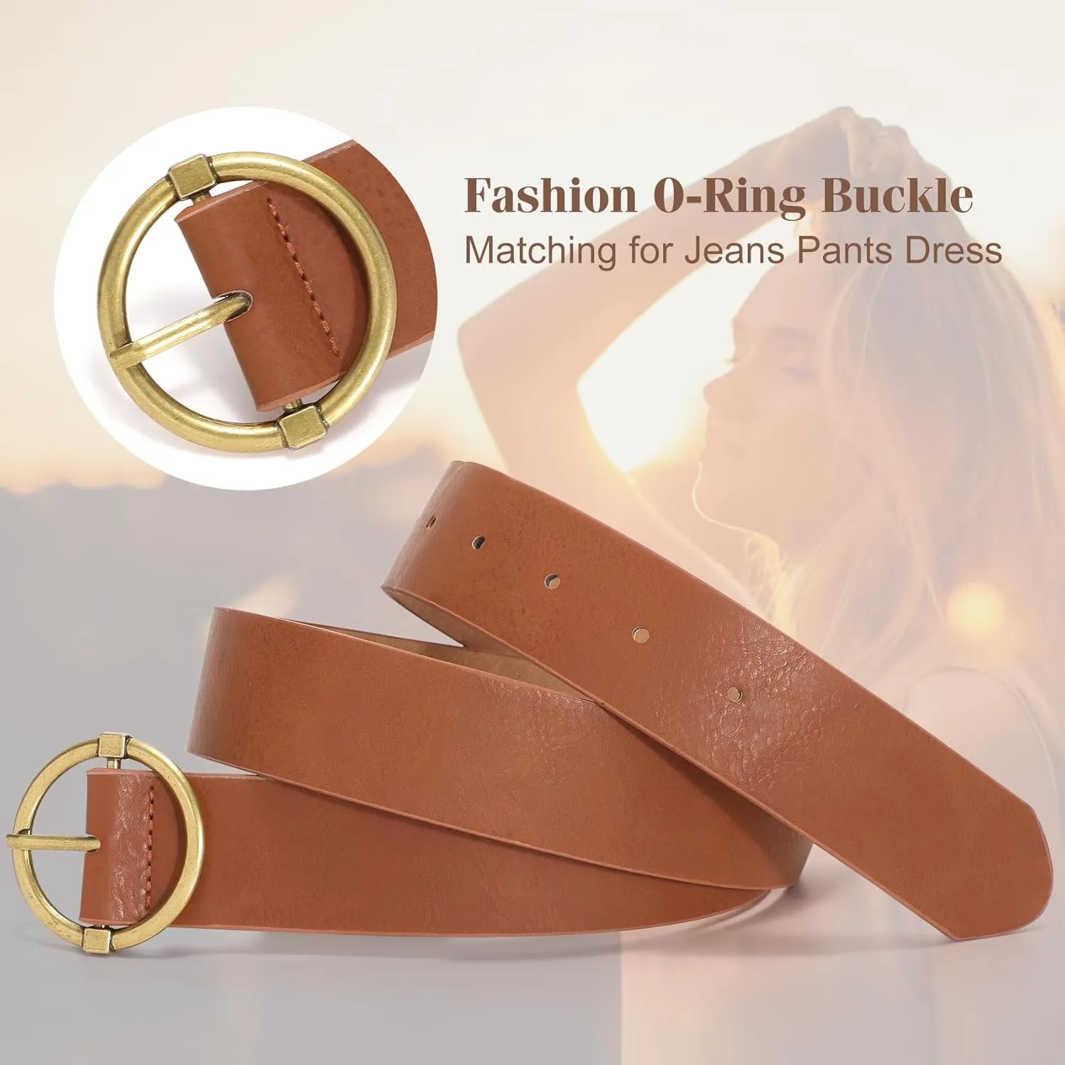 XZQTIVE Women Belts for Jeans Dress Casual Women Leather Belts with O-Ring Buckle 1.42" Width Plus Size Ladies Waist Belts