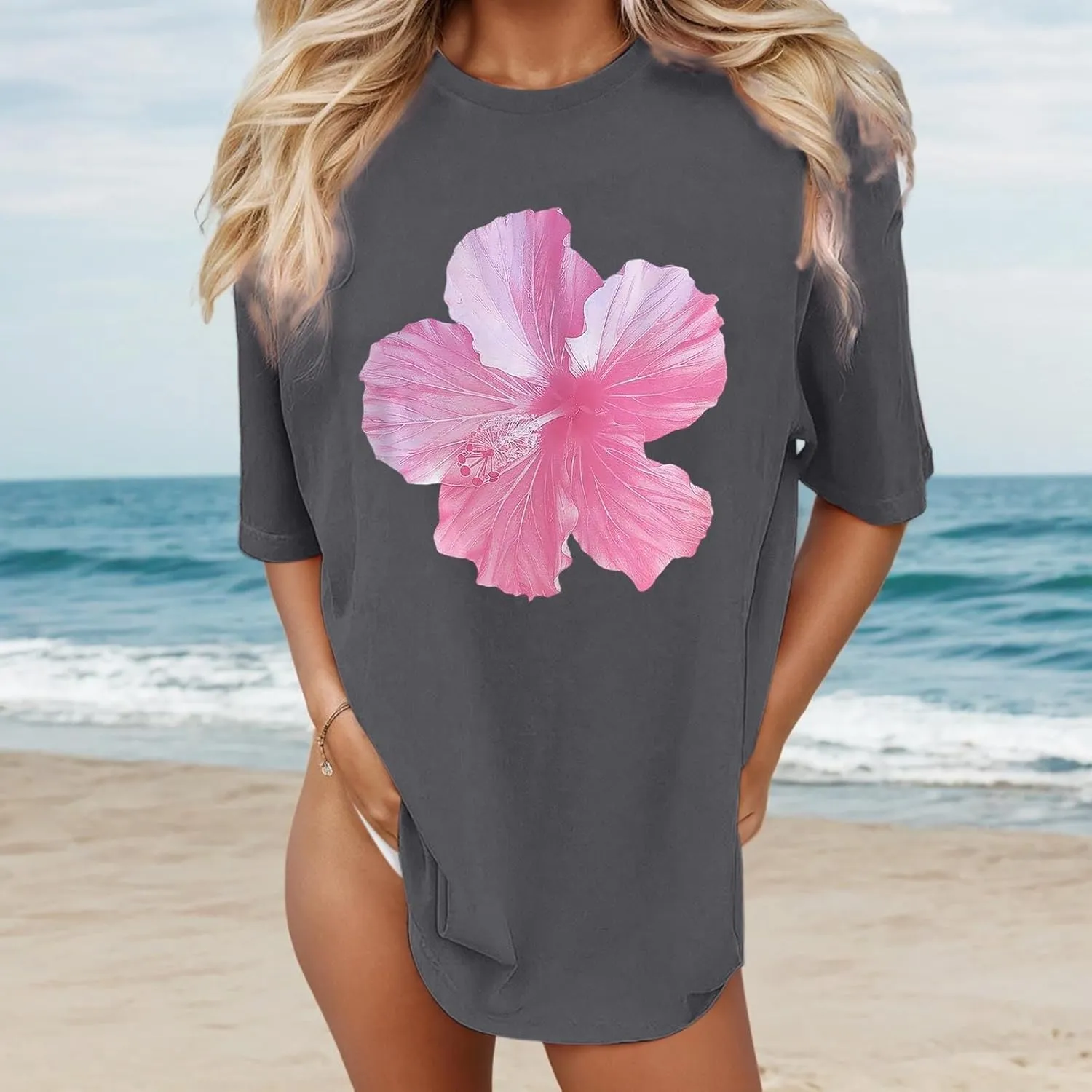 Y2k Shirts for Women Shorts Sleeve Oversized Pink Graphic Tshirt Crewneck Preppy Clothes for Teen Girls