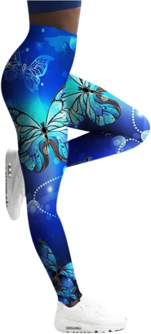 Yoga Pants for Women High Waist Leggings Printed Tummy Control Workout Athletic Pants Gym Joggers Tights Patterned Butt Lifting Compression Elastic Waist Stretch cute men blue Butterfly H90-Light Blue