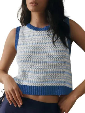 Yousify Womens Crochet Chunky Knit Tops Striped Sweater Vest Sleeveless Sweater Cardigan Bow Tie Open Front Tank Tops