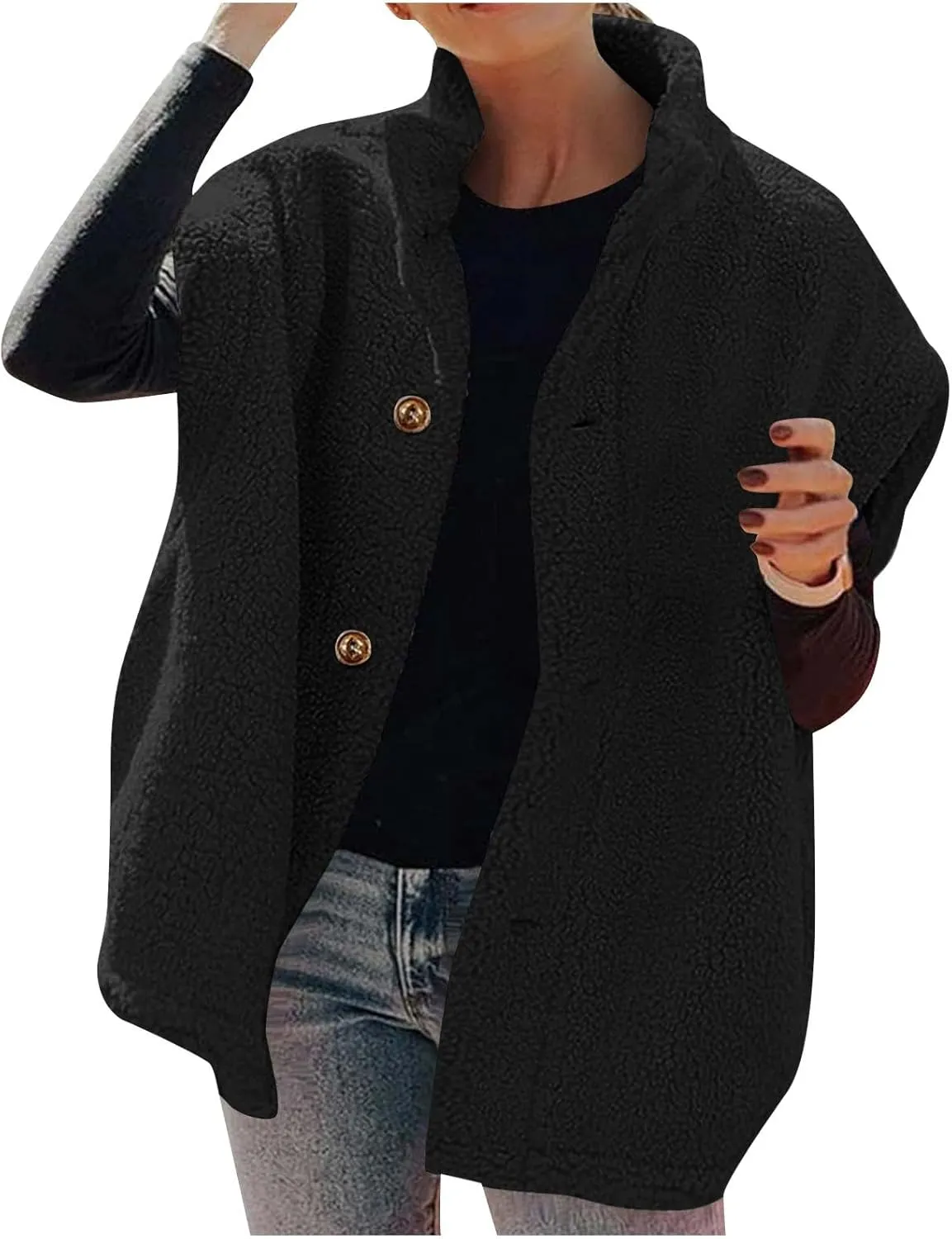 YRAETENM Women's Fuzzy Fleece Vest Casual Oversized Warm Button down Gilet Soft Sleeveless Stand Collar Jackets with Pockets