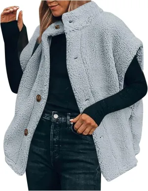 YRAETENM Women's Fuzzy Fleece Vest Casual Oversized Warm Button down Gilet Soft Sleeveless Stand Collar Jackets with Pockets