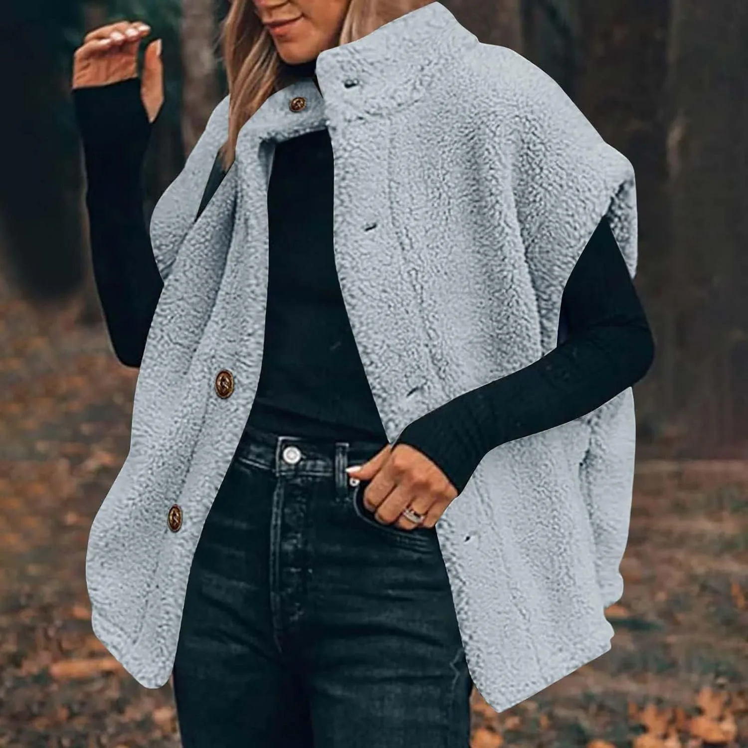YRAETENM Women's Fuzzy Fleece Vest Casual Oversized Warm Button down Gilet Soft Sleeveless Stand Collar Jackets with Pockets