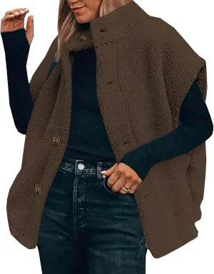 YRAETENM Women's Fuzzy Fleece Vest Casual Oversized Warm Button down Gilet Soft Sleeveless Stand Collar Jackets with Pockets