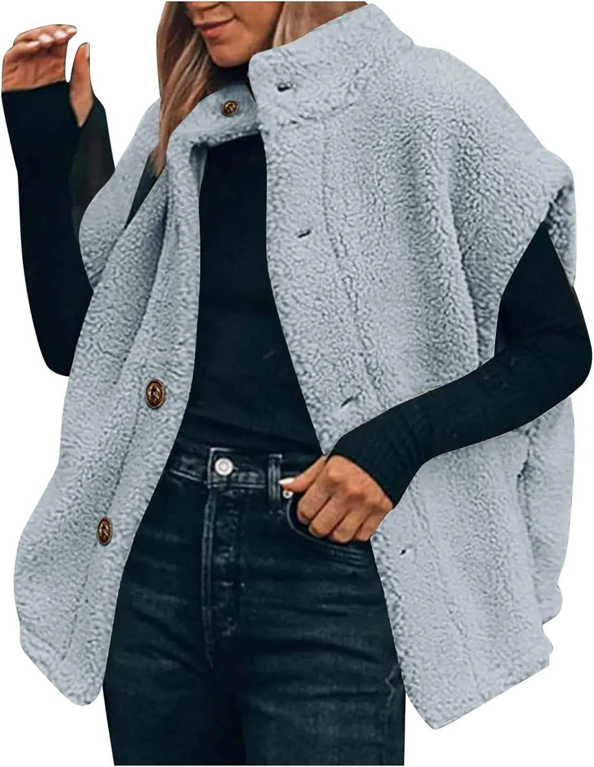YRAETENM Women's Fuzzy Fleece Vest Casual Oversized Warm Button down Gilet Soft Sleeveless Stand Collar Jackets with Pockets