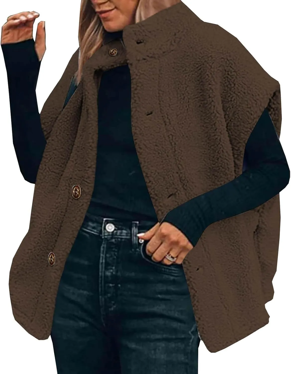 YRAETENM Women's Fuzzy Fleece Vest Casual Oversized Warm Button down Gilet Soft Sleeveless Stand Collar Jackets with Pockets