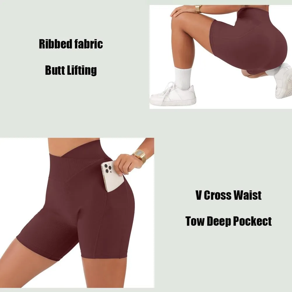 Yuerlian Women Seamless Booty Biker Shorts Cross Workout Shorts 5" High Waisted Shorts with Pockets