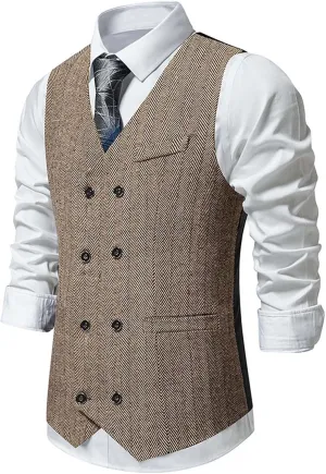 Zeiyignr Mens Business Casual Suit Vest V Neck Double Breasted Dress Vests Tweed Slim Fit Waistcoat for Wedding Formal Party