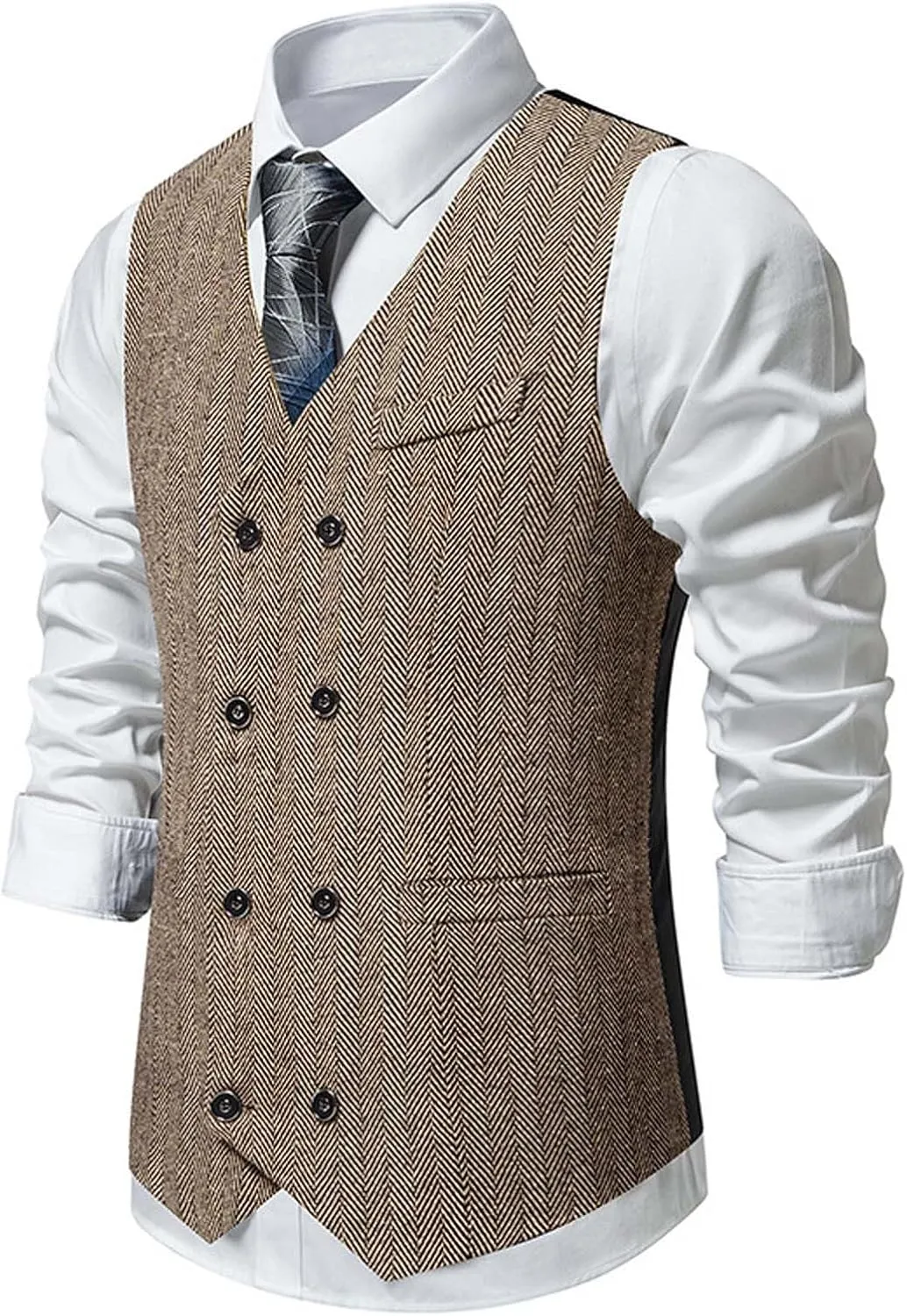 Zeiyignr Mens Business Casual Suit Vest V Neck Double Breasted Dress Vests Tweed Slim Fit Waistcoat for Wedding Formal Party
