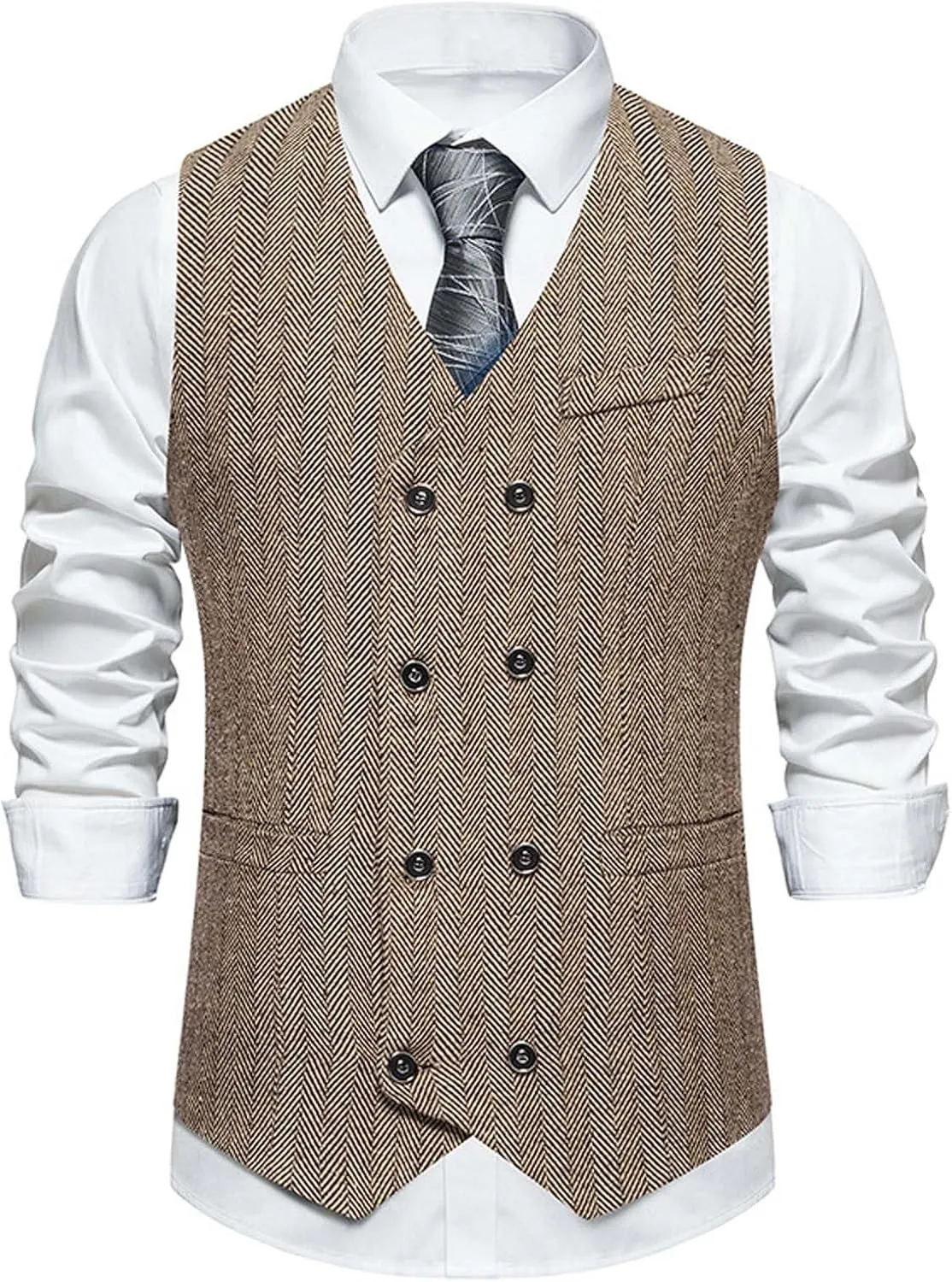 Zeiyignr Mens Business Casual Suit Vest V Neck Double Breasted Dress Vests Tweed Slim Fit Waistcoat for Wedding Formal Party