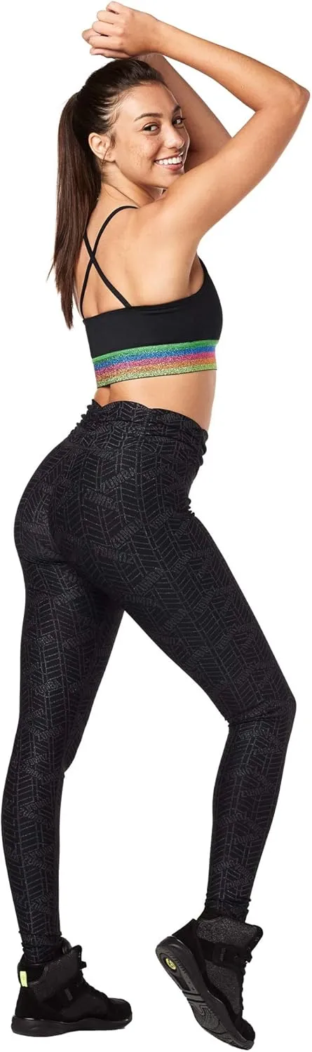 Zumba Dance Workout Wide Jacquard Waistband Compression Leggings For Women